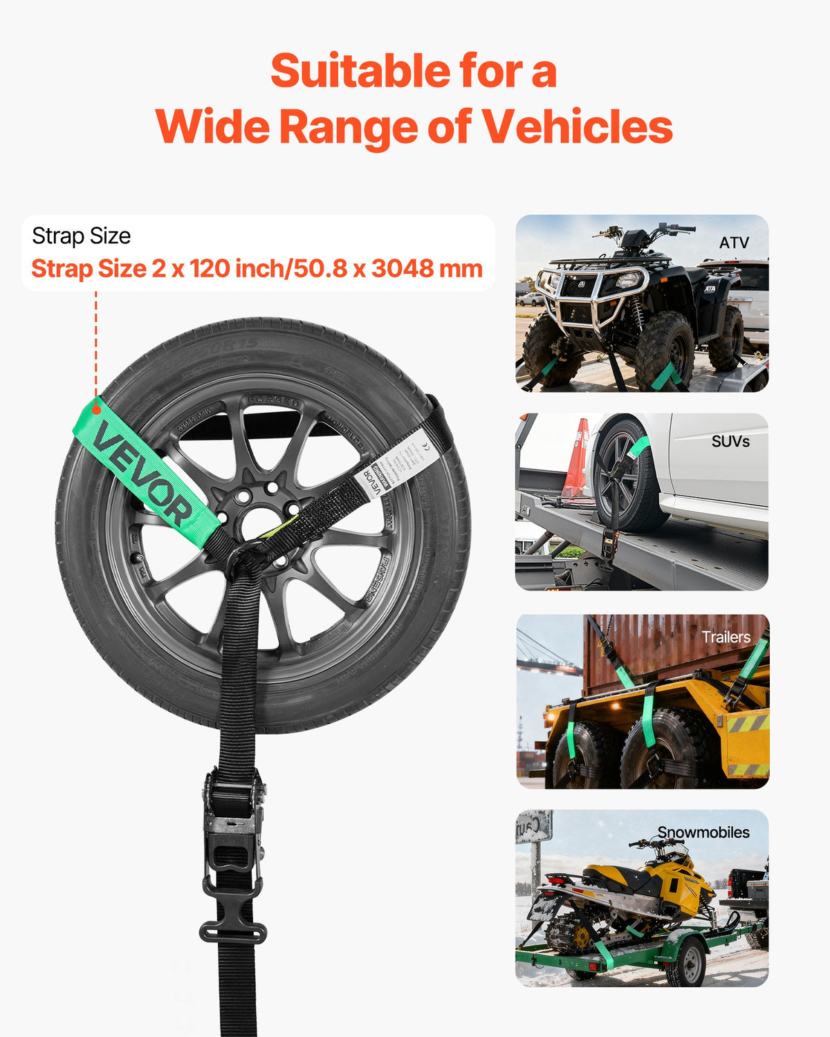 VEVOR Wheel Chock Tie-Down Kit, Tire-Style Tow Dolly Strap, Car Tie Down Kit with Heavy-Duty Hook, Break Strength 10009 lbs & Working Load 3333 lbs Motorcycle Tie-Down System for ATV, SUV, Trailer - CLJGTJ2LTXZXMFDY9001V0 - view 5