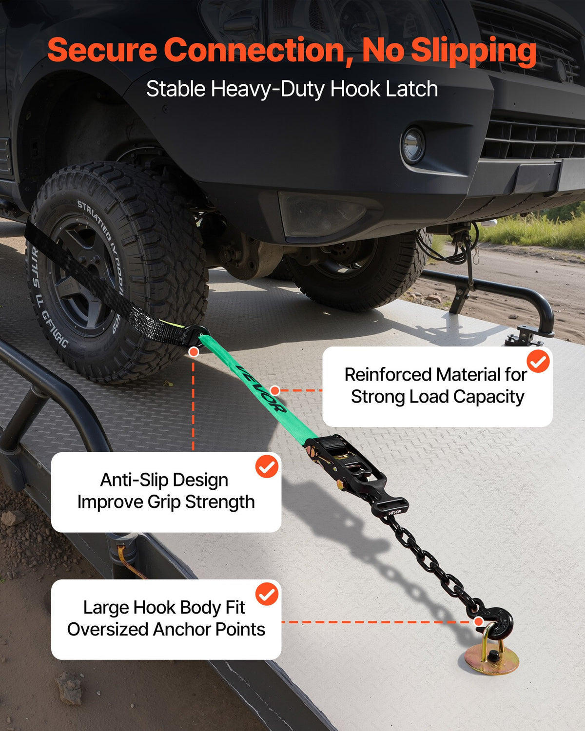 VEVOR Wheel Chock Tie-Down Kit, Tire-Style Tow Dolly Strap, Car Tie Down Kit with Heavy-Duty Hook, Break Strength 10009 lbs & Working Load 3333 lbs Motorcycle Tie-Down System for ATV, SUV, Trailer - CLJGTJ2LTXZXMFDY9001V0 - view 6