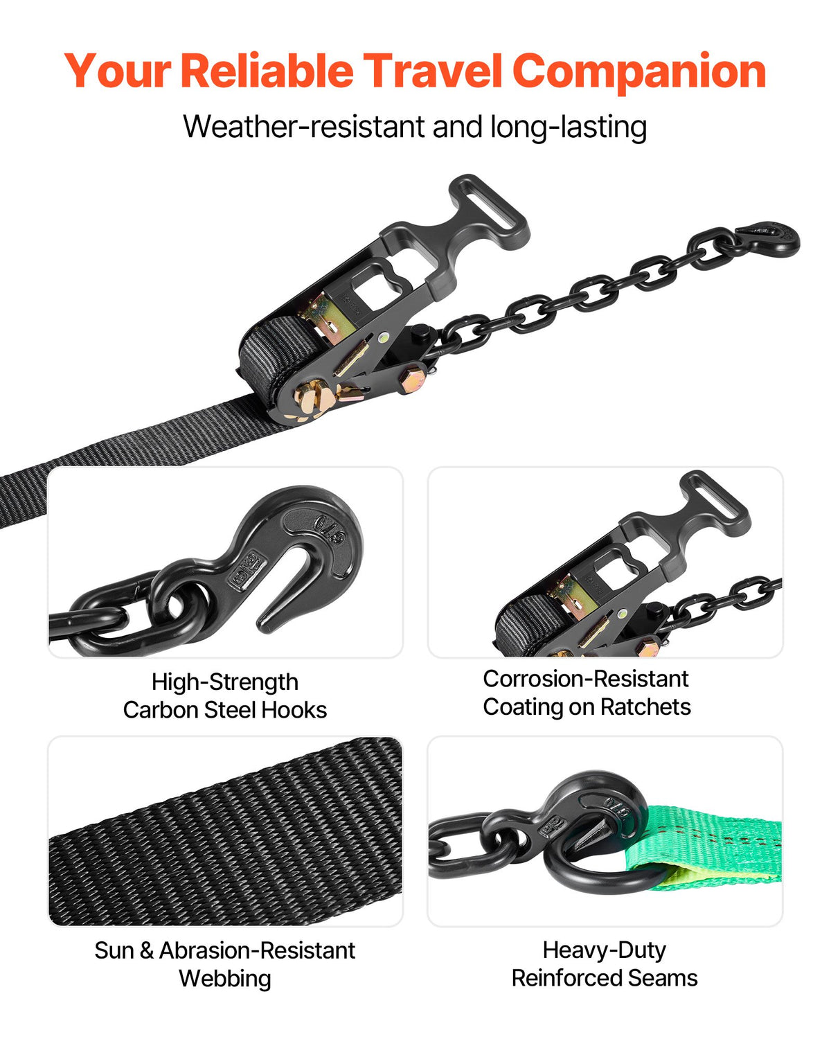 VEVOR Wheel Chock Tie-Down Kit, Tire-Style Tow Dolly Strap, Car Tie Down Kit with Heavy-Duty Hook, Break Strength 10009 lbs & Working Load 3333 lbs Motorcycle Tie-Down System for ATV, SUV, Trailer - CLJGTJ2LTXZXMFDY9001V0 - view 7