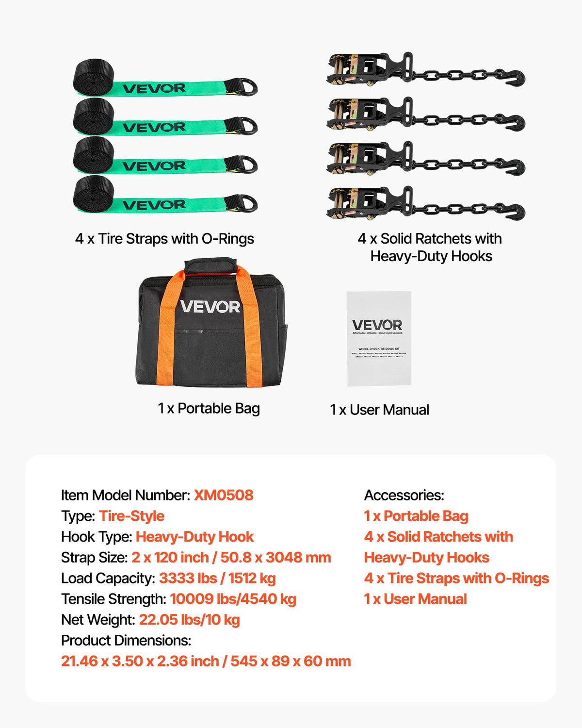VEVOR Wheel Chock Tie-Down Kit, Tire-Style Tow Dolly Strap, Car Tie Down Kit with Heavy-Duty Hook, Break Strength 10009 lbs & Working Load 3333 lbs Motorcycle Tie-Down System for ATV, SUV, Trailer - CLJGTJ2LTXZXMFDY9001V0 - view 8