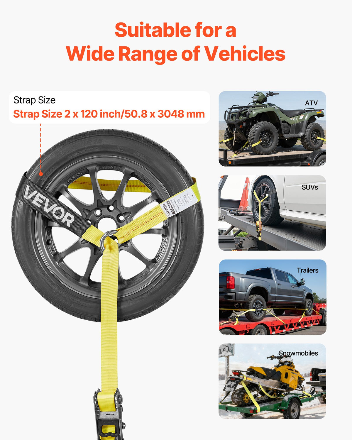 VEVOR Wheel Chock Tie-Down Kit, Tire-Style Tow Dolly Strap, Car Tie Down Kit with Heavy-Duty Hook, Break Strength 10009 lbs & Working Load 3333 lbs Motorcycle Tie-Down System for ATV, SUV, Snowmobiles - CLJGTJ2LTXZXN7NFW001V0 - view 5