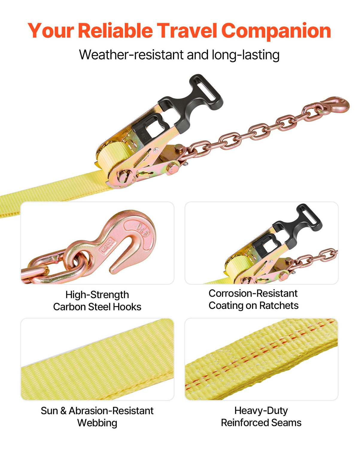 VEVOR Wheel Chock Tie-Down Kit, Tire-Style Tow Dolly Strap, Car Tie Down Kit with Heavy-Duty Hook, Break Strength 10009 lbs & Working Load 3333 lbs Motorcycle Tie-Down System for ATV, SUV, Snowmobiles - CLJGTJ2LTXZXN7NFW001V0 - view 7