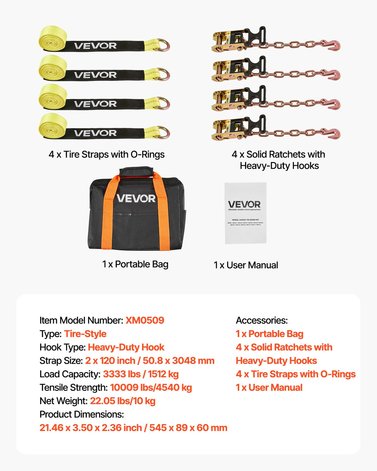 VEVOR Wheel Chock Tie-Down Kit, Tire-Style Tow Dolly Strap, Car Tie Down Kit with Heavy-Duty Hook, Break Strength 10009 lbs & Working Load 3333 lbs Motorcycle Tie-Down System for ATV, SUV, Snowmobiles - CLJGTJ2LTXZXN7NFW001V0 - view 8