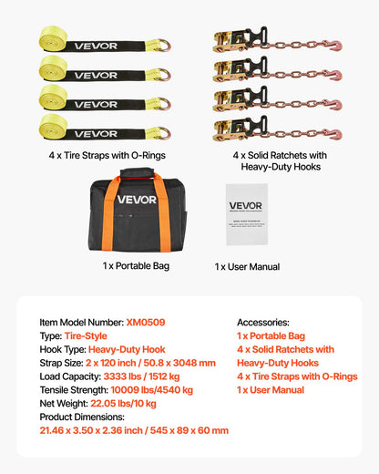 VEVOR Wheel Chock Tie-Down Kit, Tire-Style Tow Dolly Strap, Car Tie Down Kit with Heavy-Duty Hook, Break Strength 10009 lbs & Working Load 3333 lbs Motorcycle Tie-Down System for ATV, SUV, Snowmobiles - CLJGTJ2LTXZXN7NFW001V0 - view 8