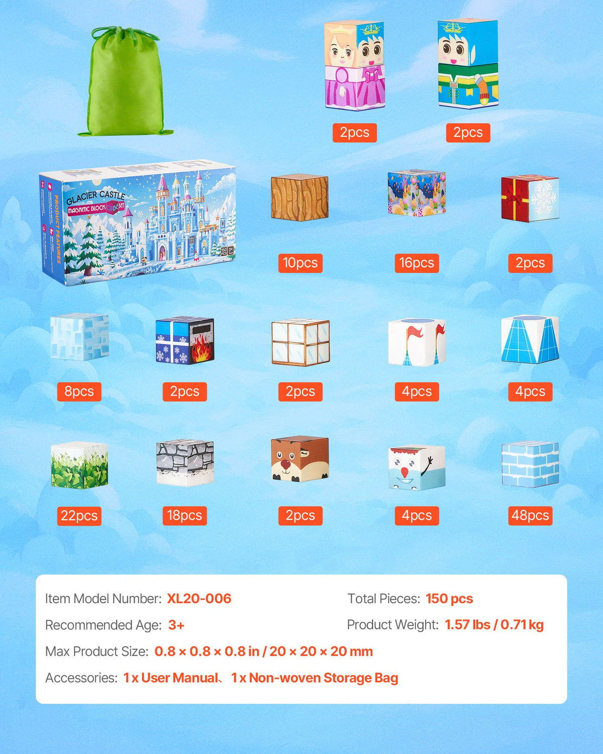VEVOR Magnetic Blocks, 150 PCS Glacier Castle Set, Magnetic Building Cubes for Kids, STEM Montessori Sensory Toys for Christmas Birthday Gift, Construction Stacking Toy for 3+ Years Old Boys & Girls - CLKGNBBCCB10KYF3L001V0 - view 8