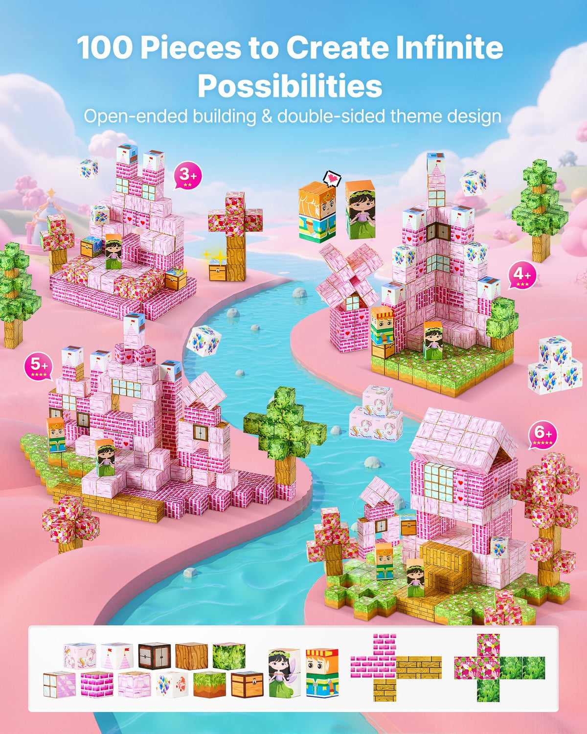 VEVOR Magnetic Blocks, 100 PCS Princess Castle Set, Magnetic Building Cubes for Kids, STEM Montessori Sensory Toys for Christmas Birthday Gift, Construction Stacking Toy for 3+ Years Old Boys & Girls - CLKGNBGZCB10F2AVW001V0 - view 3