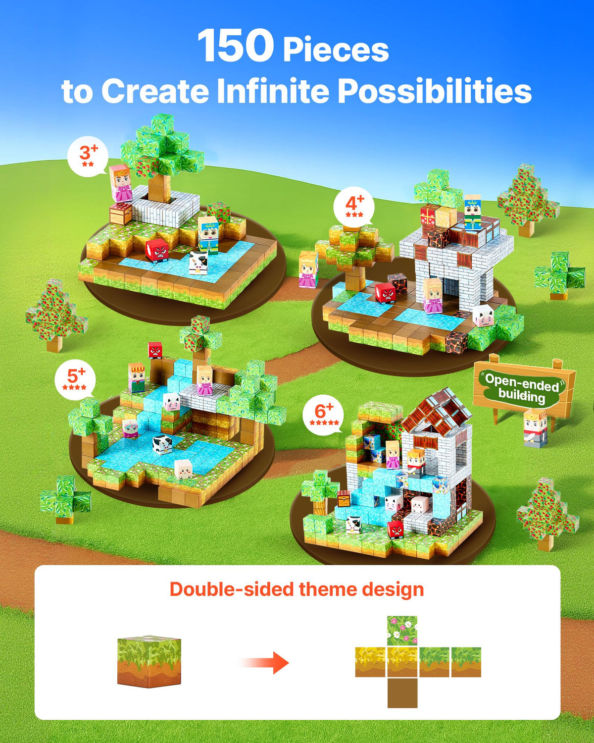 VEVOR Magnetic Blocks, 150 PCS Forest Castle Set, Magnetic Building Cubes for Kids, STEM Montessori Sensory Toys for Christmas Birthday Gift, Construction Stacking Toy for 3+ Years Old Boys & Girls - CLKGNBSLCB15HUVOP001V0 - view 3
