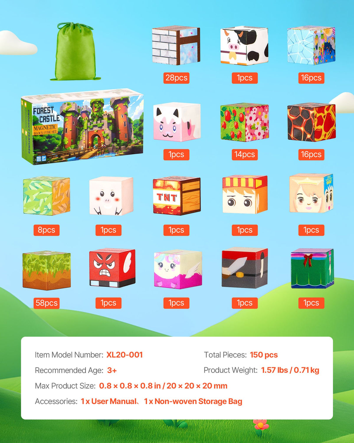 VEVOR Magnetic Blocks, 150 PCS Forest Castle Set, Magnetic Building Cubes for Kids, STEM Montessori Sensory Toys for Christmas Birthday Gift, Construction Stacking Toy for 3+ Years Old Boys & Girls - CLKGNBSLCB15HUVOP001V0 - view 8