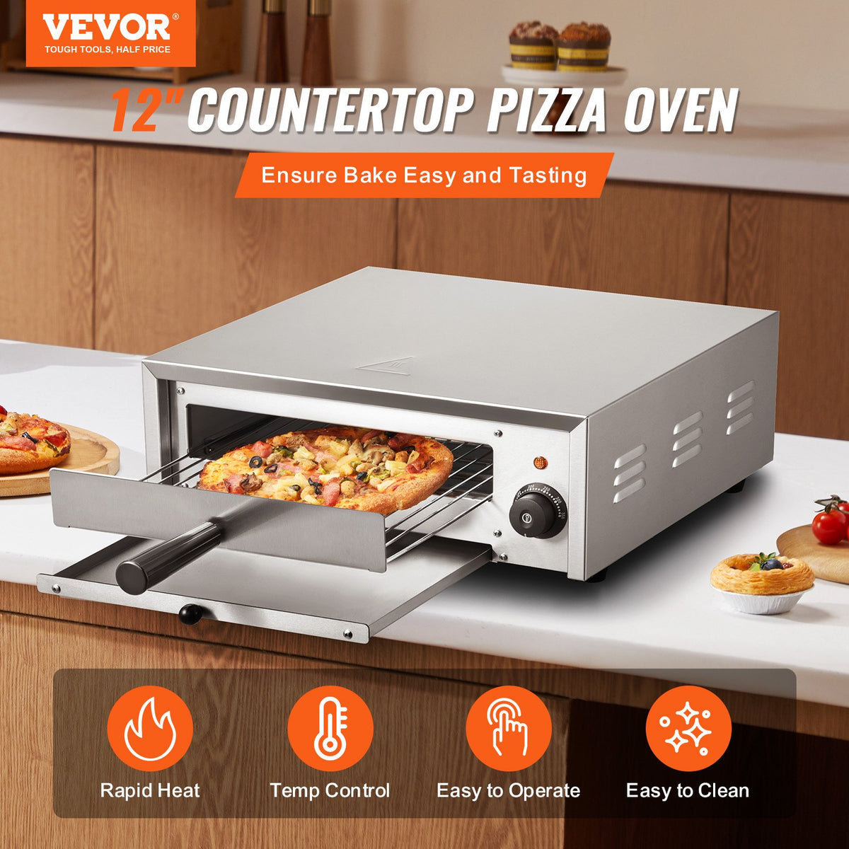 VEVOR Countertop Electric Pizza Oven, 12-inch, 1500W, 32-572 °F Temp Range, Stainless Steel Construction and Easy-to-Clean Crumb Tray, Suitable for Both Commercial and Home Use - CLMDRPSLDCDXV2U7ZV1 - view 3