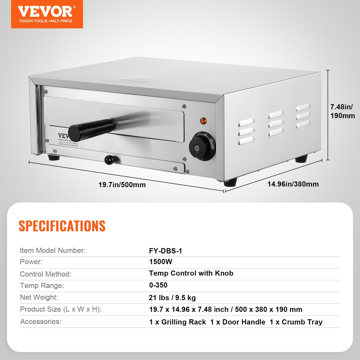 VEVOR Countertop Electric Pizza Oven, 12-inch, 1500W, 32-572 °F Temp Range, Stainless Steel Construction and Easy-to-Clean Crumb Tray, Suitable for Both Commercial and Home Use - CLMDRPSLDCDXV2U7ZV1 - view 8