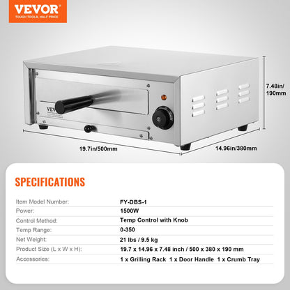 VEVOR Countertop Electric Pizza Oven, 12-inch, 1500W, 32-572 °F Temp Range, Stainless Steel Construction and Easy-to-Clean Crumb Tray, Suitable for Both Commercial and Home Use - CLMDRPSLDCDXV2U7ZV1 - view 8