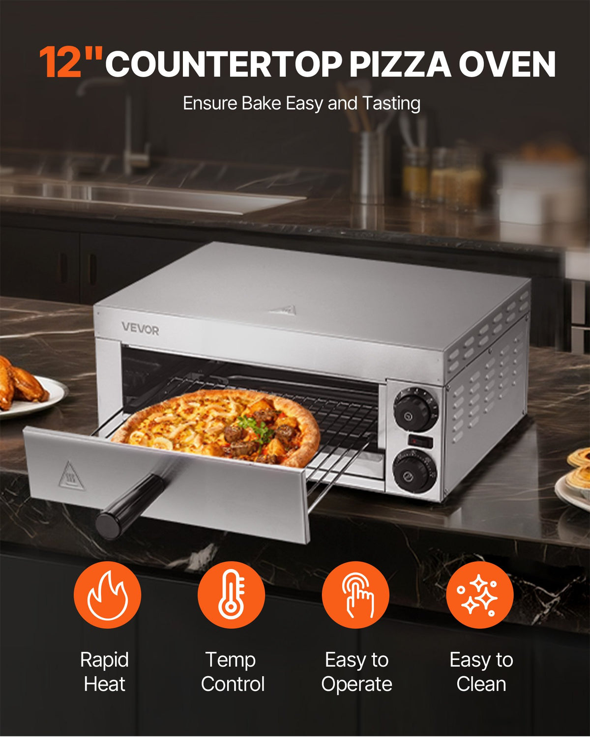 VEVOR Electric Pizza Oven for Countertops, 12-inch, 1500W, with Temp Control & 0-60 Min Timer, Even Baking Technology & Easy Clean Crumb Tray, Ideal for Both Commercial & Home Kitchens - CLMDRPSLDCSXBI3U5V1 - view 3