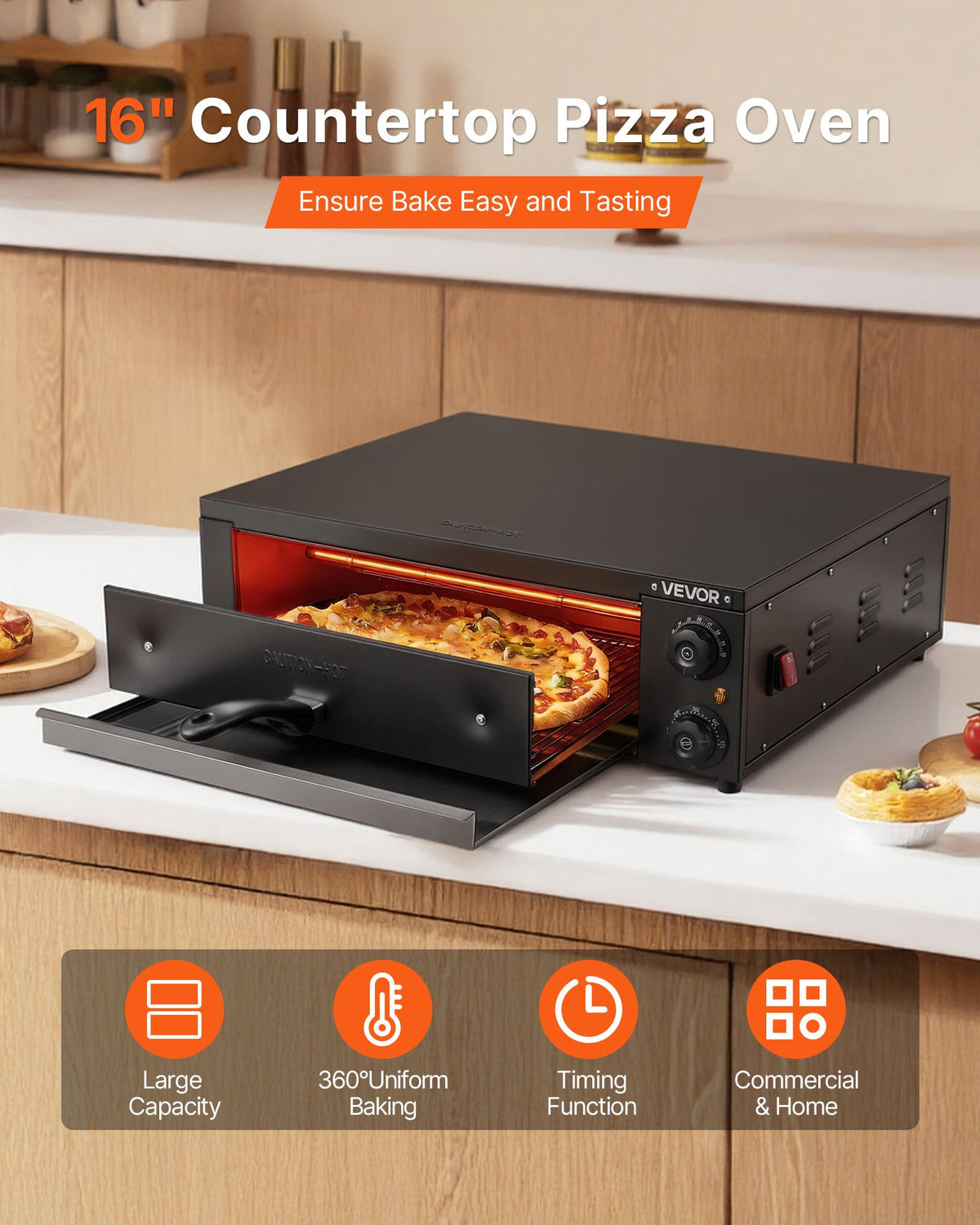 VEVOR Electric Pizza Oven, 16 in Countertop Pizza Oven, 77 to 572°F Temp Range, 1750W Indoor Pizzas Maker w/Timing & Temp Control, Pizzas Cooker w/Dual Heat Tube, Grill Rack, for Kitchen & Commercial - CLMDRPSLDCSXEKCGR001V1 - view 3