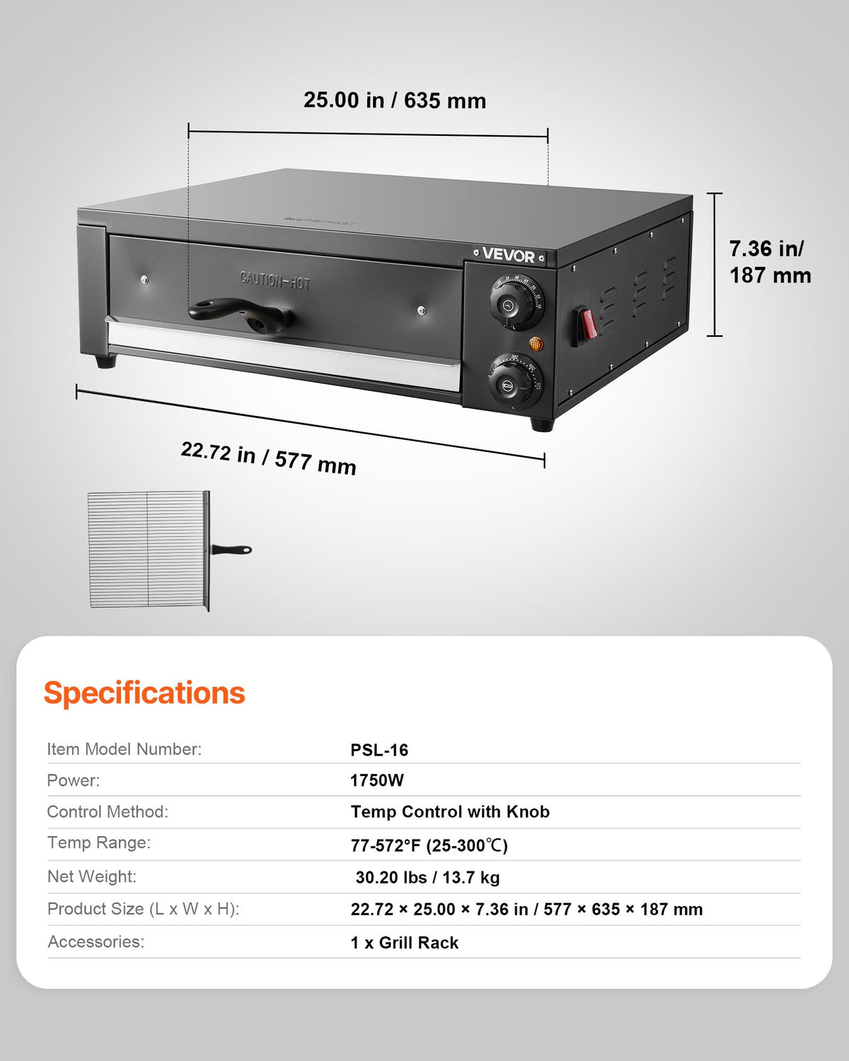 VEVOR Electric Pizza Oven, 16 in Countertop Pizza Oven, 77 to 572°F Temp Range, 1750W Indoor Pizzas Maker w/Timing & Temp Control, Pizzas Cooker w/Dual Heat Tube, Grill Rack, for Kitchen & Commercial - CLMDRPSLDCSXEKCGR001V1 - view 8