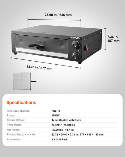 VEVOR Electric Pizza Oven, 16 in Countertop Pizza Oven, 77 to 572°F Temp Range, 1750W Indoor Pizzas Maker w/Timing & Temp Control, Pizzas Cooker w/Dual Heat Tube, Grill Rack, for Kitchen & Commercial - CLMDRPSLDCSXEKCGR001V1 - view 8
