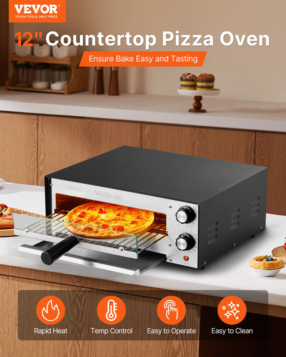 VEVOR Electric Pizza Oven, 12-inch Countertops Pizza Ovens, 572°F Max Temp, 1450W Indoor Pizzas Maker w/Timing & Temp Control, Pizza Cooker w/Dual Heat Tube, Crumb Tray, for Diner and Home Kitchen - CLMDRPSLDCSXPIGL5001V1 - view 3