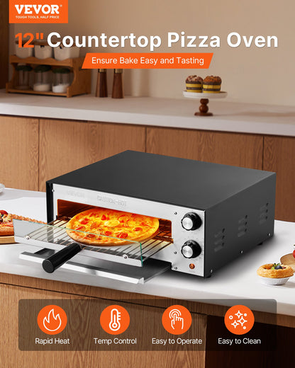 VEVOR Electric Pizza Oven, 12-inch Countertops Pizza Ovens, 572°F Max Temp, 1450W Indoor Pizzas Maker w/Timing & Temp Control, Pizza Cooker w/Dual Heat Tube, Crumb Tray, for Diner and Home Kitchen - CLMDRPSLDCSXPIGL5001V1 - view 3