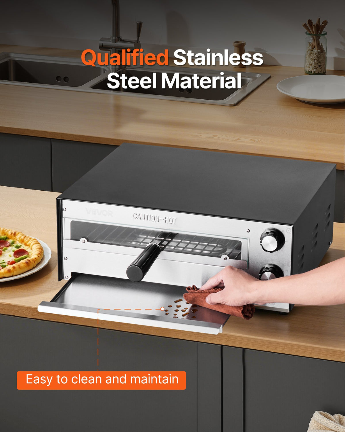 VEVOR Electric Pizza Oven, 12-inch Countertops Pizza Ovens, 572°F Max Temp, 1450W Indoor Pizzas Maker w/Timing & Temp Control, Pizza Cooker w/Dual Heat Tube, Crumb Tray, for Diner and Home Kitchen - CLMDRPSLDCSXPIGL5001V1 - view 6