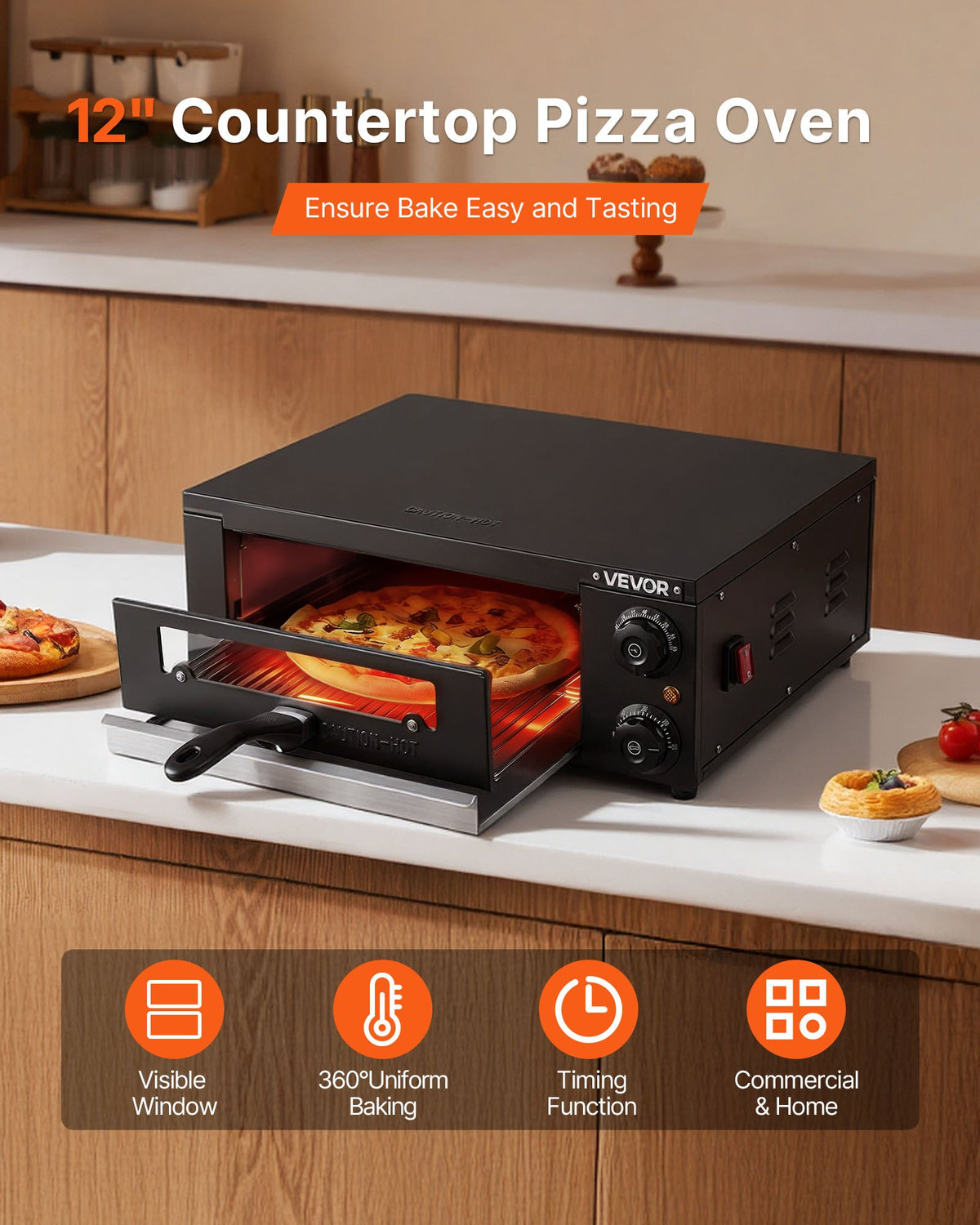 VEVOR Electric Pizza Oven, 12 in Countertop Pizza Oven, 77 to 572°F Temp Range, 1450W Indoor Pizzas Maker w/Timing & Temp Control, Pizzas Cooker w/Dual Heat Tube, Grill Rack, for Kitchen & Commercial - CLMDRPSLDCSXUXGHY001V1 - view 3