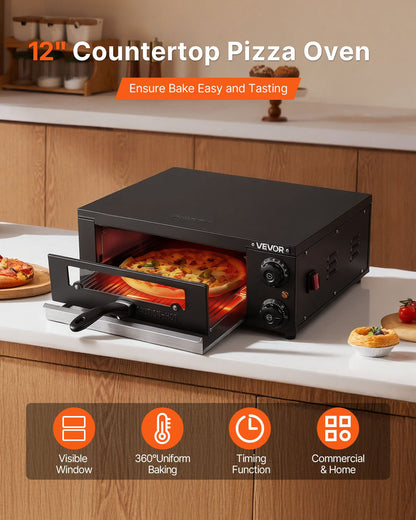 VEVOR Electric Pizza Oven, 12 in Countertop Pizza Oven, 77 to 572°F Temp Range, 1450W Indoor Pizzas Maker w/Timing & Temp Control, Pizzas Cooker w/Dual Heat Tube, Grill Rack, for Kitchen & Commercial - CLMDRPSLDCSXUXGHY001V1 - view 3