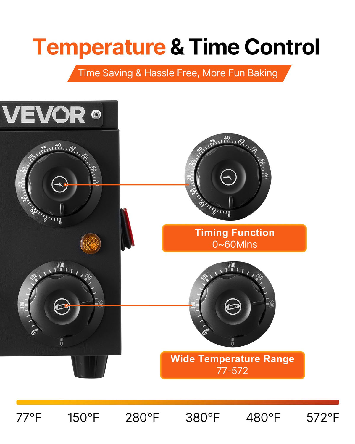 VEVOR Electric Pizza Oven, 12 in Countertop Pizza Oven, 77 to 572°F Temp Range, 1450W Indoor Pizzas Maker w/Timing & Temp Control, Pizzas Cooker w/Dual Heat Tube, Grill Rack, for Kitchen & Commercial - CLMDRPSLDCSXUXGHY001V1 - view 5