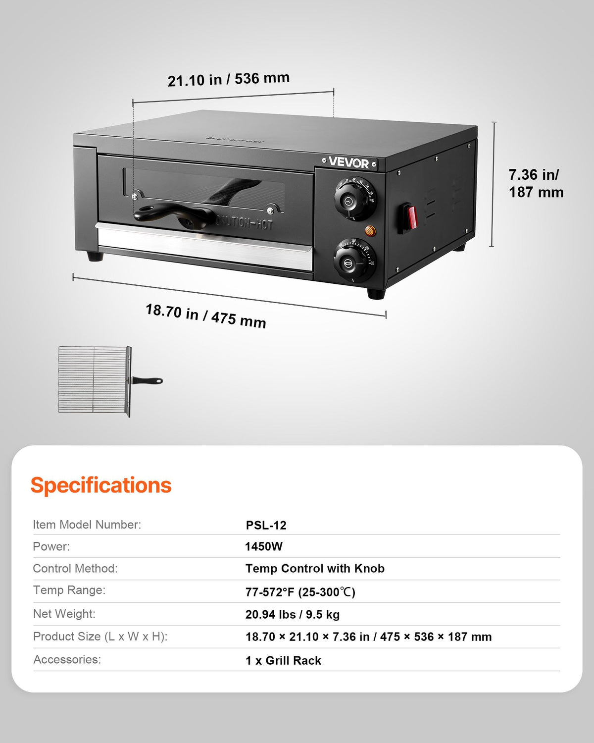 VEVOR Electric Pizza Oven, 12 in Countertop Pizza Oven, 77 to 572°F Temp Range, 1450W Indoor Pizzas Maker w/Timing & Temp Control, Pizzas Cooker w/Dual Heat Tube, Grill Rack, for Kitchen & Commercial - CLMDRPSLDCSXUXGHY001V1 - view 8