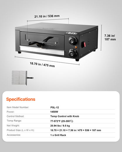 VEVOR Electric Pizza Oven, 12 in Countertop Pizza Oven, 77 to 572°F Temp Range, 1450W Indoor Pizzas Maker w/Timing & Temp Control, Pizzas Cooker w/Dual Heat Tube, Grill Rack, for Kitchen & Commercial - CLMDRPSLDCSXUXGHY001V1 - view 8