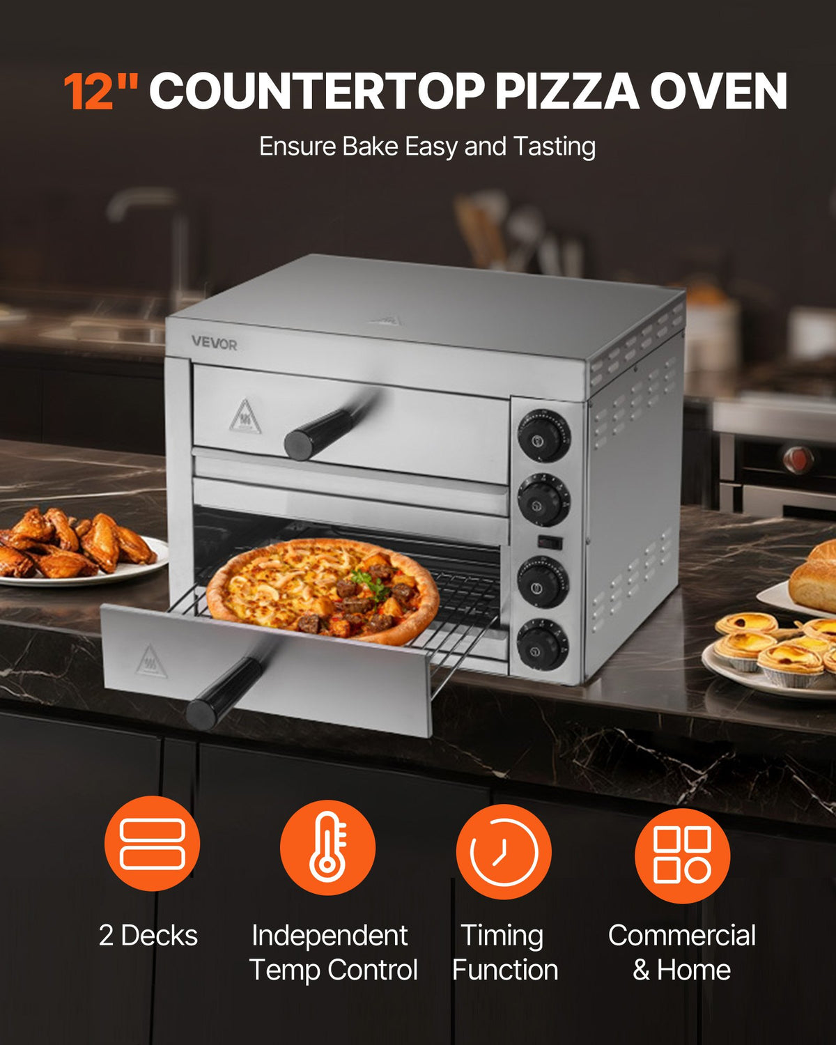 VEVOR Electric Pizza Oven for Countertops, 12-inch, 1700W, with Temp Control & 0-60 Min Timer, Even Baking Technology & Easy Clean Crumb Tray, Ideal for Both Commercial & Home Kitchens - CLMDRPSLSCSXXHD6UV1 - view 3