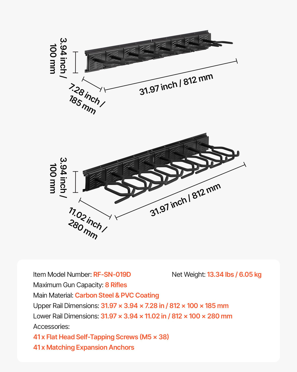 VEVOR Indoor Gun Rack, Heavy Duty Steel, Wall Mount Rifle and Shotgun Rack, 8 Slots for Long Guns, Gun Display Rifle Storage Holder with Screws, for Home Garage Office Retail Shop Hunting Cabin Wall - CLQJJS8QW0007B6X8001V0 - view 8