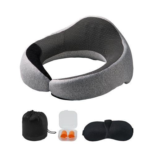 VEVOR Travel Pillow, Double-Layered 3D Support Neck Pillow for Traveling, 360° Flexible Rotation Upgraded Memory Foam Travel Neck Pillow with Eye Mask, Earplugs, Earplug Case, Storage Bag(Black-Gray) - CLTCSLXZJZXWE1GTAV0 - view 2
