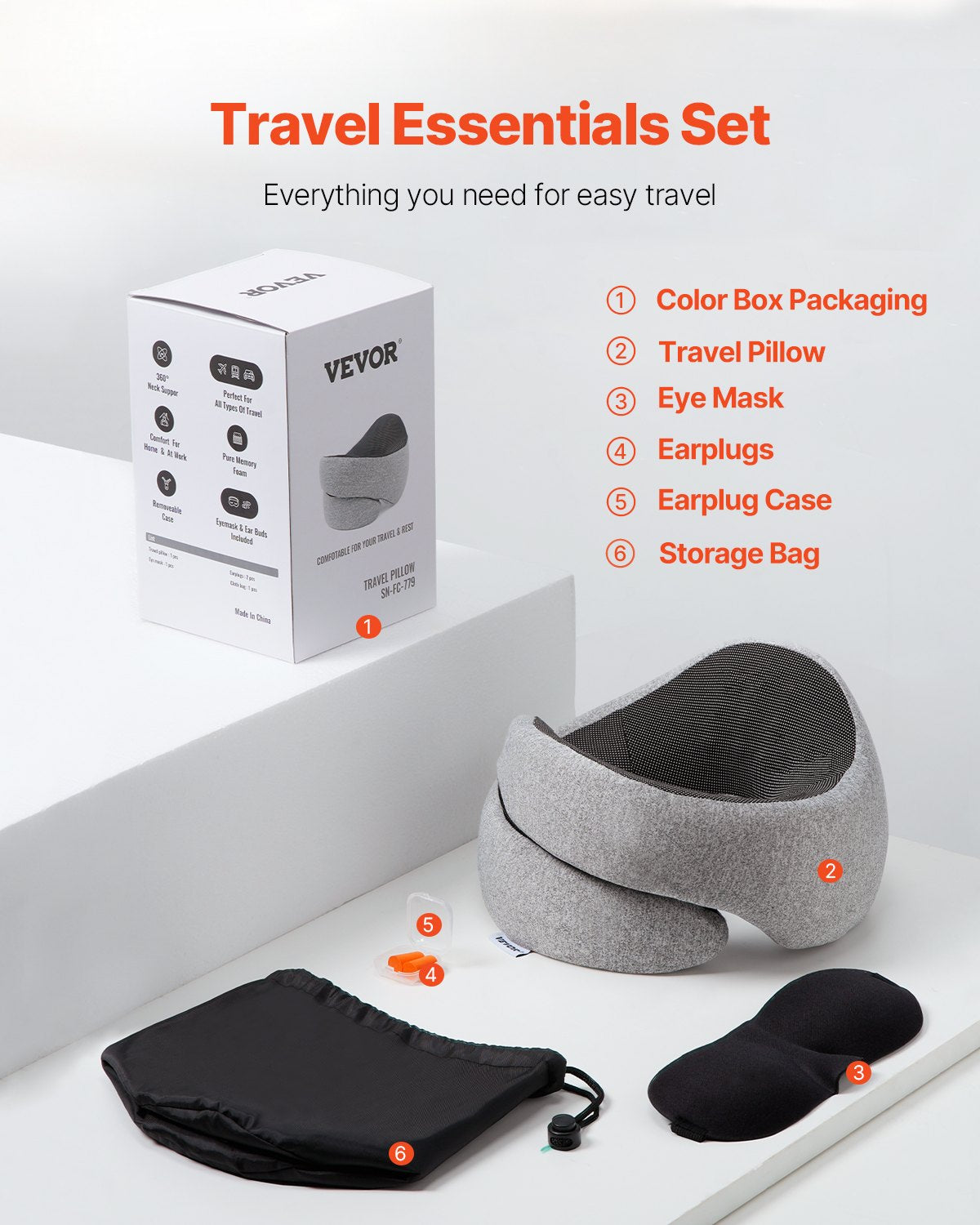 VEVOR Travel Pillow, Double-Layered 3D Support Neck Pillow for Traveling, 360° Flexible Rotation Upgraded Memory Foam Travel Neck Pillow with Eye Mask, Earplugs, Earplug Case, Storage Bag(Black-Gray) - CLTCSLXZJZXWE1GTAV0 - view 5