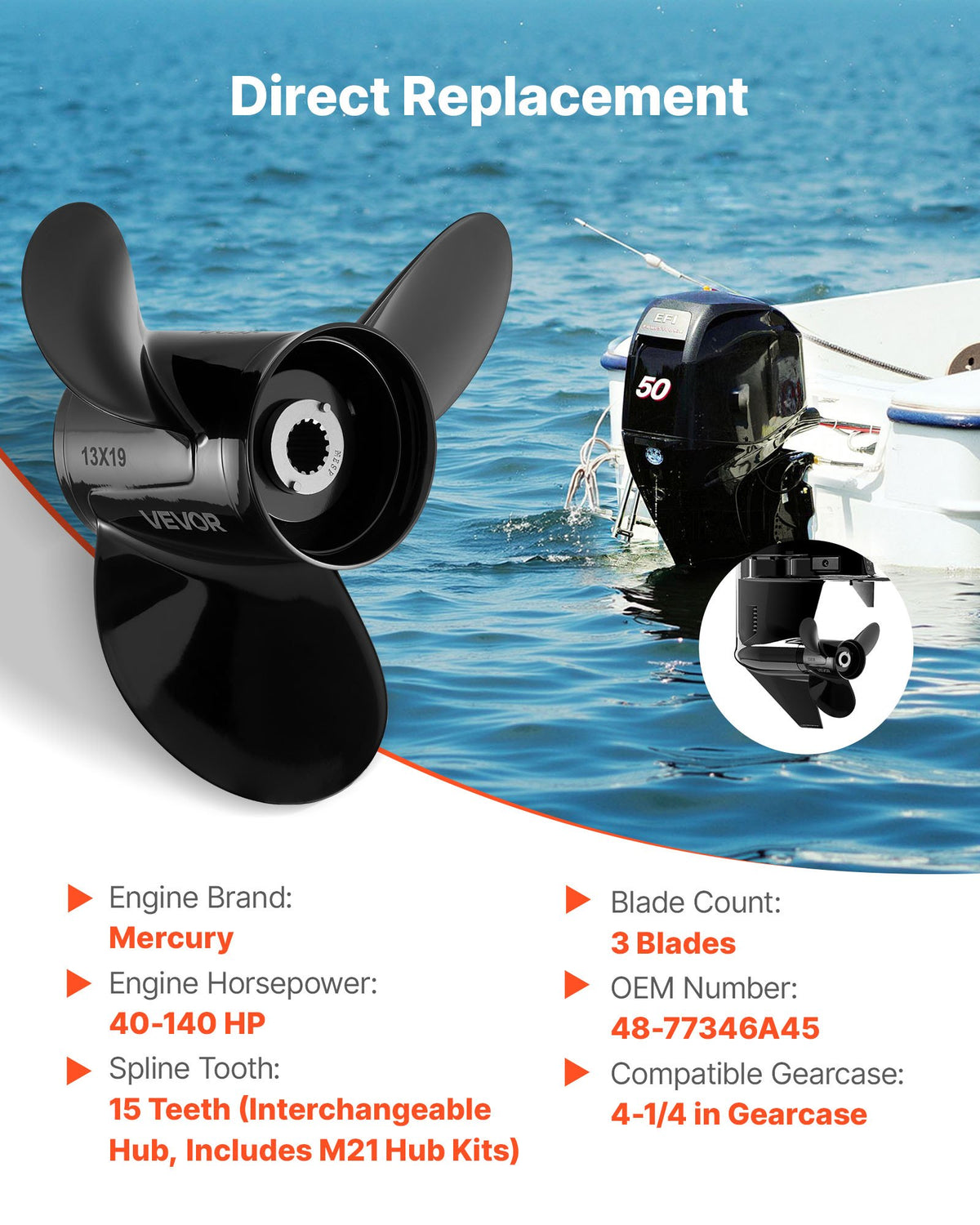 VEVOR Outboard Propeller, Upgrade OEM 15 Spline Tooth Aluminum Outboard Boat Propeller Fit Mercury Engines 40-140 HP, 4-1/4" Gearcase, 3-Blade, RH (Right Hand Rotation), OEM Parts No. 48-77346A45 - CLXJSX40140HSO9XK001V0 - view 3