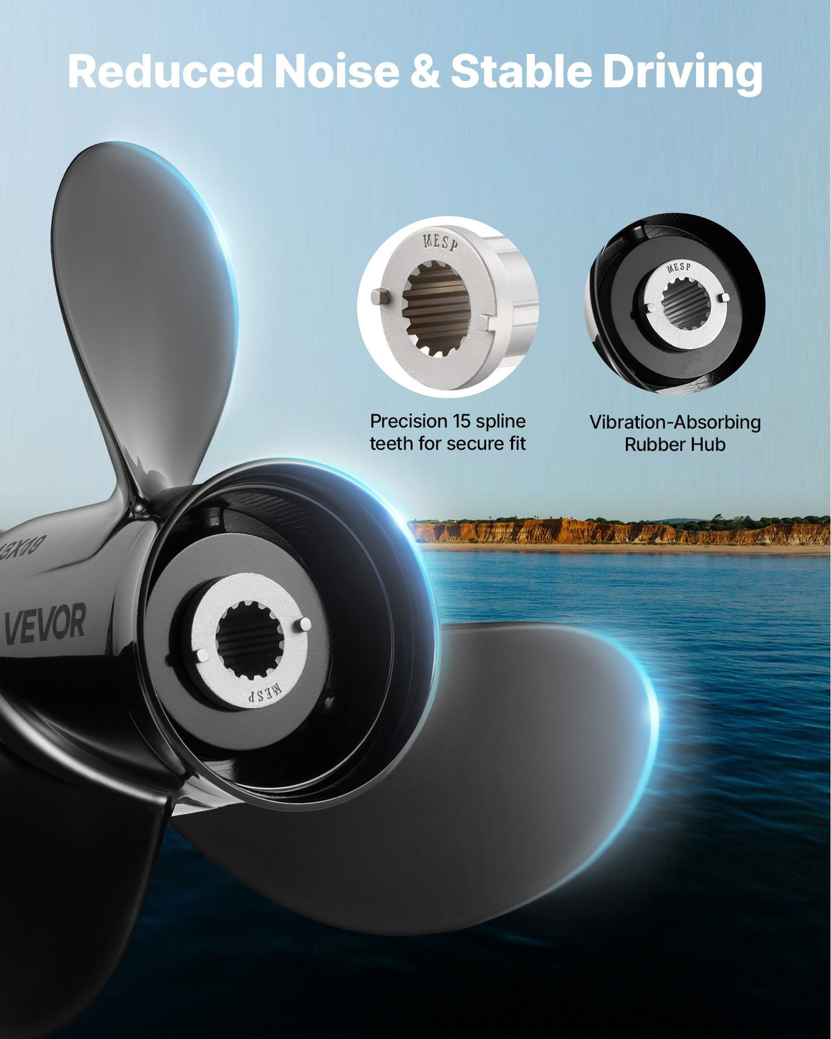 VEVOR Outboard Propeller, Upgrade OEM 15 Spline Tooth Aluminum Outboard Boat Propeller Fit Mercury Engines 40-140 HP, 4-1/4" Gearcase, 3-Blade, RH (Right Hand Rotation), OEM Parts No. 48-77346A45 - CLXJSX40140HSO9XK001V0 - view 7