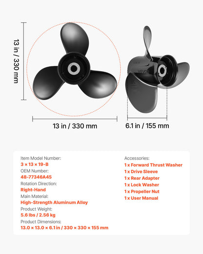 VEVOR Outboard Propeller, Upgrade OEM 15 Spline Tooth Aluminum Outboard Boat Propeller Fit Mercury Engines 40-140 HP, 4-1/4" Gearcase, 3-Blade, RH (Right Hand Rotation), OEM Parts No. 48-77346A45 - CLXJSX40140HSO9XK001V0 - view 8