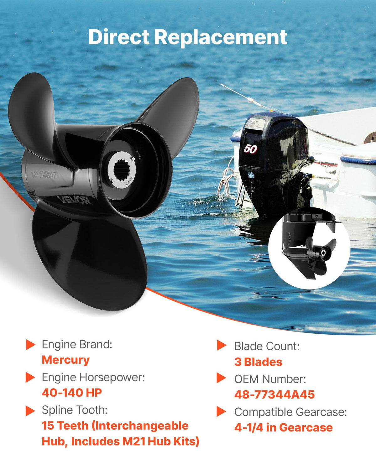 VEVOR Outboard Propeller, Upgrade OEM 15 Spline Tooth Aluminum Outboard Boat Propeller Fit Mercury Engines 40-140 HP, 4-1/4" Gearcase, 3-Blade, RH (Right Hand Rotation), OEM Parts No. 48-77344A45 - CLXJSX40150HL46MK001V0 - view 3
