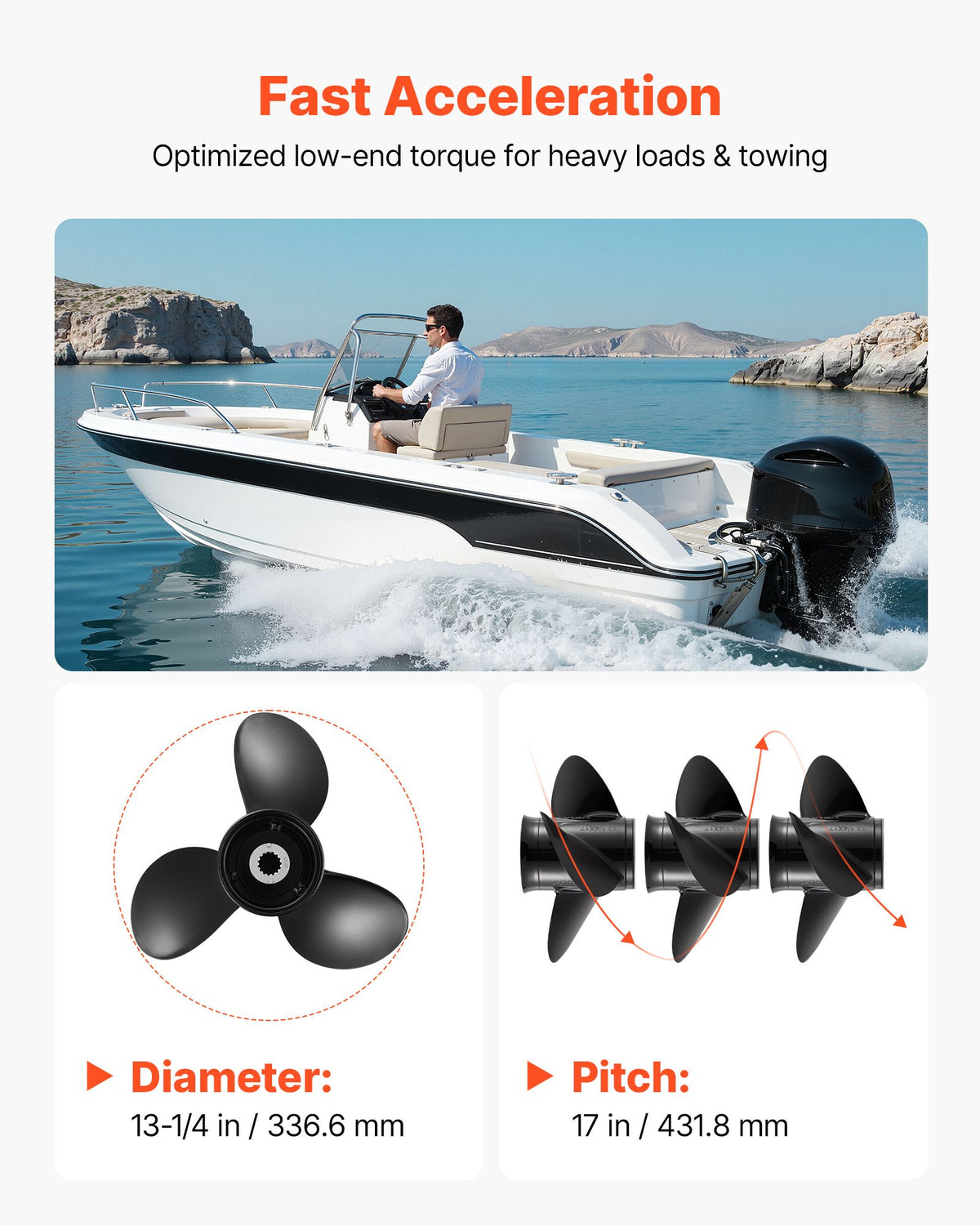 VEVOR Outboard Propeller, Upgrade OEM 15 Spline Tooth Aluminum Outboard Boat Propeller Fit Mercury Engines 40-140 HP, 4-1/4" Gearcase, 3-Blade, RH (Right Hand Rotation), OEM Parts No. 48-77344A45 - CLXJSX40150HL46MK001V0 - view 6