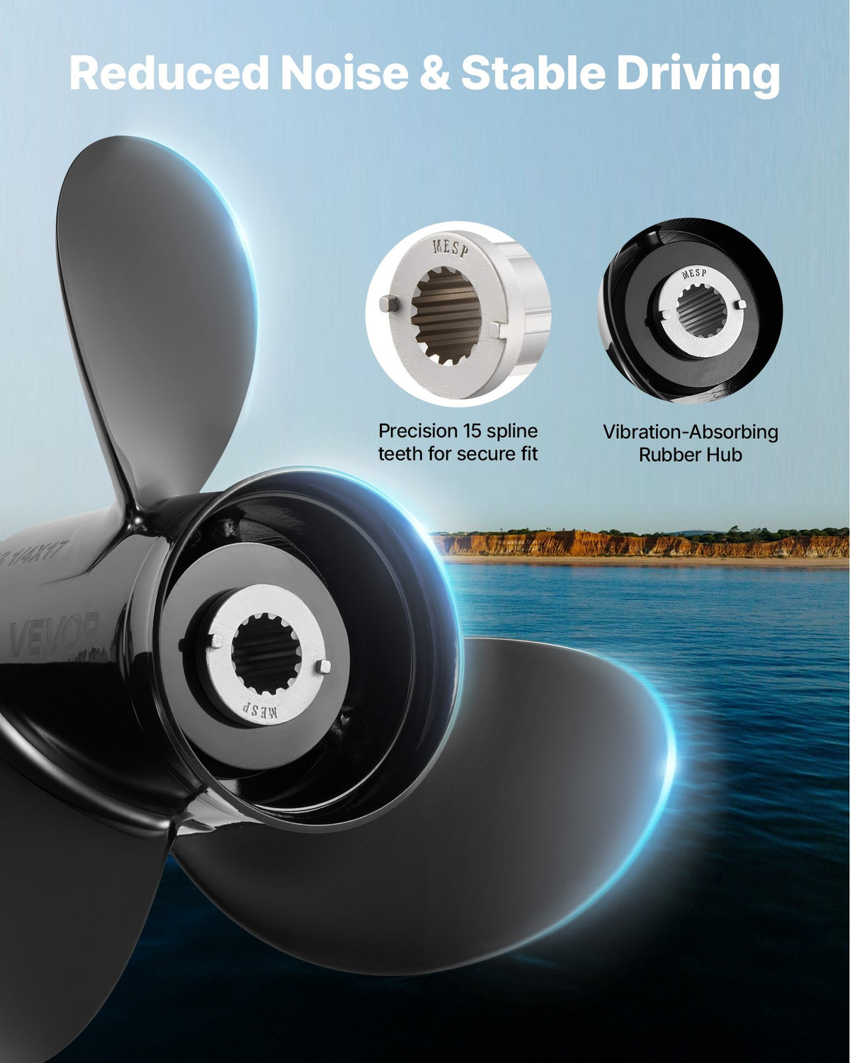 VEVOR Outboard Propeller, Upgrade OEM 15 Spline Tooth Aluminum Outboard Boat Propeller Fit Mercury Engines 40-140 HP, 4-1/4" Gearcase, 3-Blade, RH (Right Hand Rotation), OEM Parts No. 48-77344A45 - CLXJSX40150HL46MK001V0 - view 7
