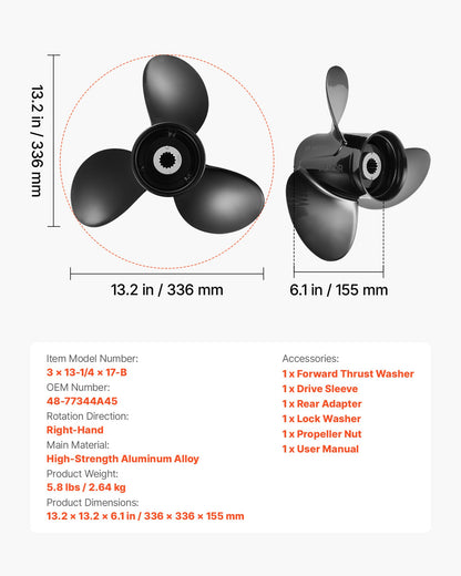 VEVOR Outboard Propeller, Upgrade OEM 15 Spline Tooth Aluminum Outboard Boat Propeller Fit Mercury Engines 40-140 HP, 4-1/4" Gearcase, 3-Blade, RH (Right Hand Rotation), OEM Parts No. 48-77344A45 - CLXJSX40150HL46MK001V0 - view 8