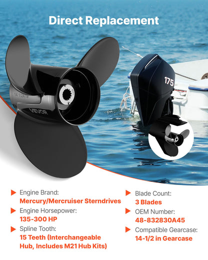 VEVOR Outboard Propeller, Upgrade OEM 15 Spline Tooth Aluminum Outboard Boat Propeller Fit Mercury/Mariner Engines 135-300 HP, 4-3/4" Gearcase, 3-Blade, RH (Right Hand Rotation), OEM No. 48-832830A45 - CLXJSXSS13539VKEG001V0 - view 3