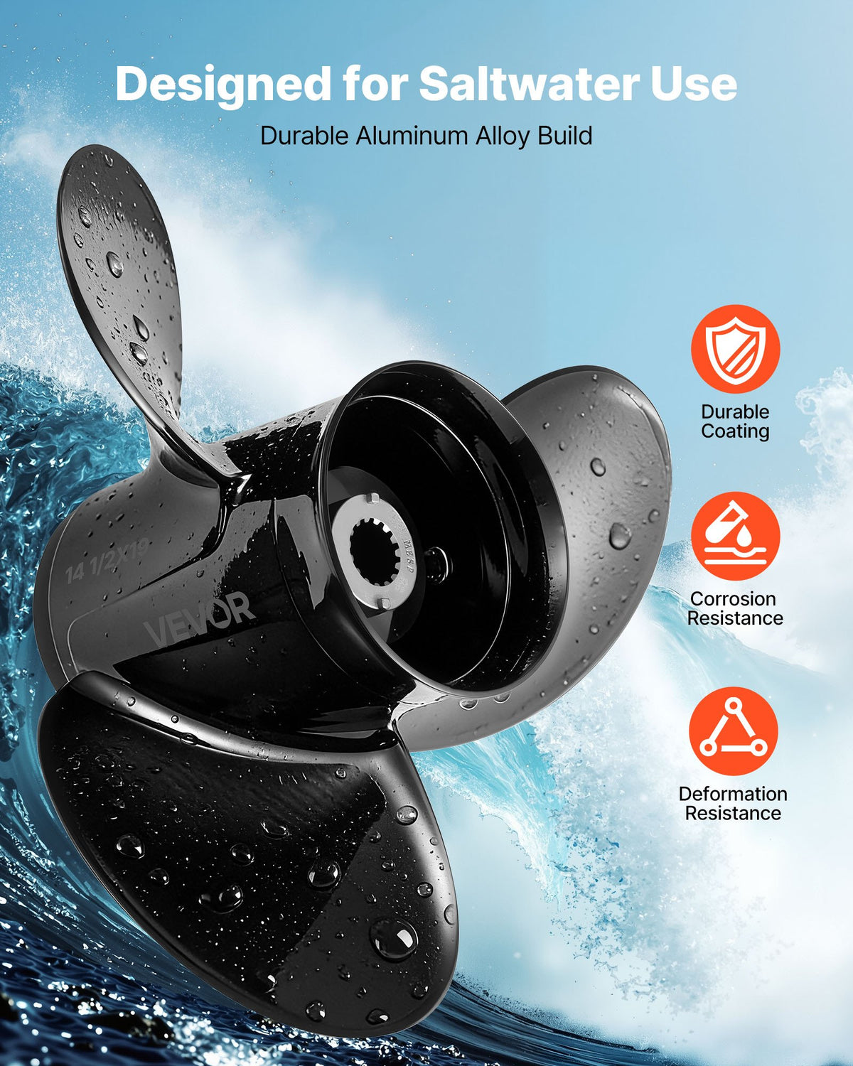 VEVOR Outboard Propeller, Upgrade OEM 15 Spline Tooth Aluminum Outboard Boat Propeller Fit Mercury/Mariner Engines 135-300 HP, 4-3/4" Gearcase, 3-Blade, RH (Right Hand Rotation), OEM No. 48-832830A45 - CLXJSXSS13539VKEG001V0 - view 4