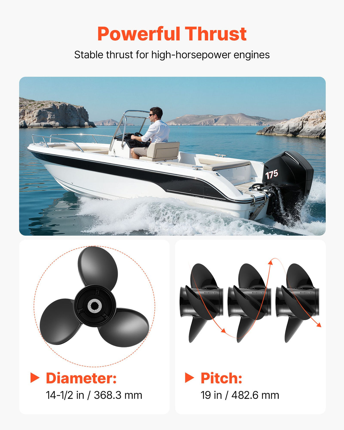 VEVOR Outboard Propeller, Upgrade OEM 15 Spline Tooth Aluminum Outboard Boat Propeller Fit Mercury/Mariner Engines 135-300 HP, 4-3/4" Gearcase, 3-Blade, RH (Right Hand Rotation), OEM No. 48-832830A45 - CLXJSXSS13539VKEG001V0 - view 6