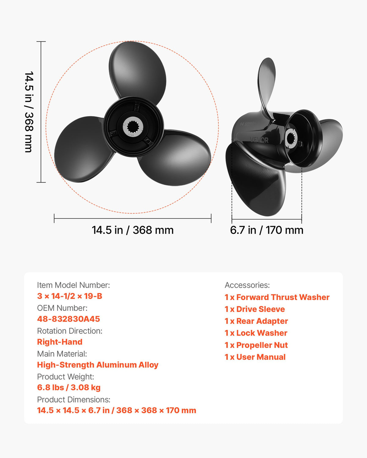 VEVOR Outboard Propeller, Upgrade OEM 15 Spline Tooth Aluminum Outboard Boat Propeller Fit Mercury/Mariner Engines 135-300 HP, 4-3/4" Gearcase, 3-Blade, RH (Right Hand Rotation), OEM No. 48-832830A45 - CLXJSXSS13539VKEG001V0 - view 8