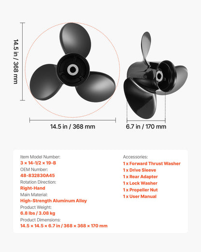 VEVOR Outboard Propeller, Upgrade OEM 15 Spline Tooth Aluminum Outboard Boat Propeller Fit Mercury/Mariner Engines 135-300 HP, 4-3/4" Gearcase, 3-Blade, RH (Right Hand Rotation), OEM No. 48-832830A45 - CLXJSXSS13539VKEG001V0 - view 8