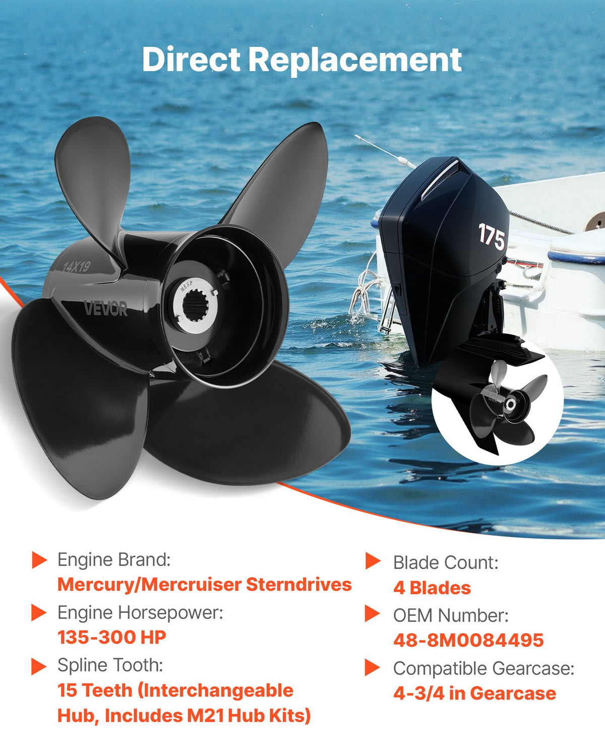 VEVOR Outboard Propeller, Upgrade OEM 15 Spline Tooth Aluminum Outboard Boat Propeller Fit Mercury/Mariner Engines 135-300 HP, 4-3/4" Gearcase, 4-Blade, RH (Right Hand Rotation), OEM No. 48-8M0084495 - CLXJSXSS1353CYEZ9001V0 - view 3