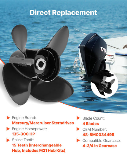 VEVOR Outboard Propeller, Upgrade OEM 15 Spline Tooth Aluminum Outboard Boat Propeller Fit Mercury/Mariner Engines 135-300 HP, 4-3/4" Gearcase, 4-Blade, RH (Right Hand Rotation), OEM No. 48-8M0084495 - CLXJSXSS1353CYEZ9001V0 - view 3