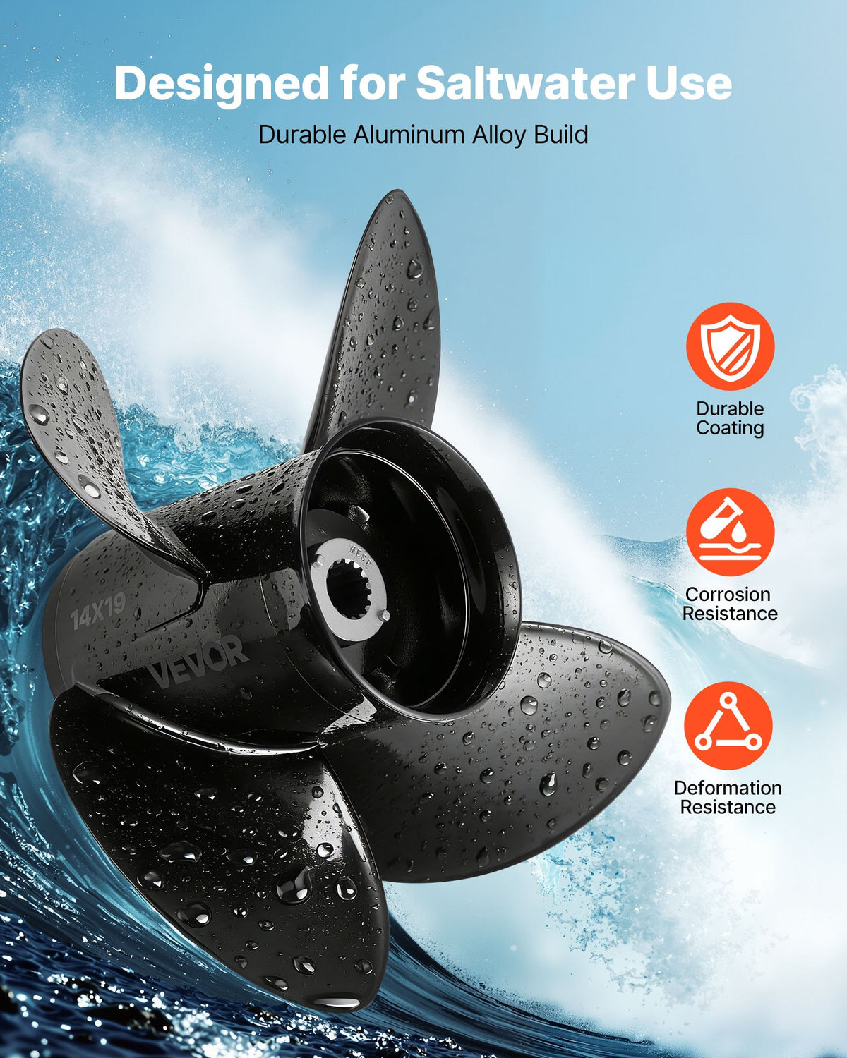 VEVOR Outboard Propeller, Upgrade OEM 15 Spline Tooth Aluminum Outboard Boat Propeller Fit Mercury/Mariner Engines 135-300 HP, 4-3/4" Gearcase, 4-Blade, RH (Right Hand Rotation), OEM No. 48-8M0084495 - CLXJSXSS1353CYEZ9001V0 - view 4