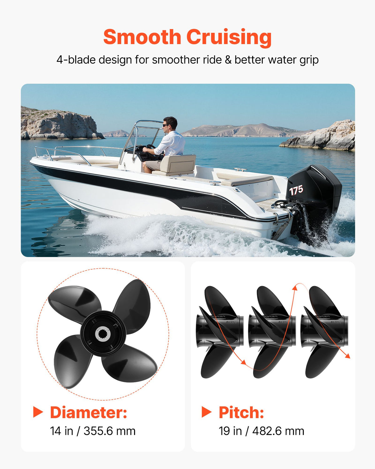 VEVOR Outboard Propeller, Upgrade OEM 15 Spline Tooth Aluminum Outboard Boat Propeller Fit Mercury/Mariner Engines 135-300 HP, 4-3/4" Gearcase, 4-Blade, RH (Right Hand Rotation), OEM No. 48-8M0084495 - CLXJSXSS1353CYEZ9001V0 - view 6