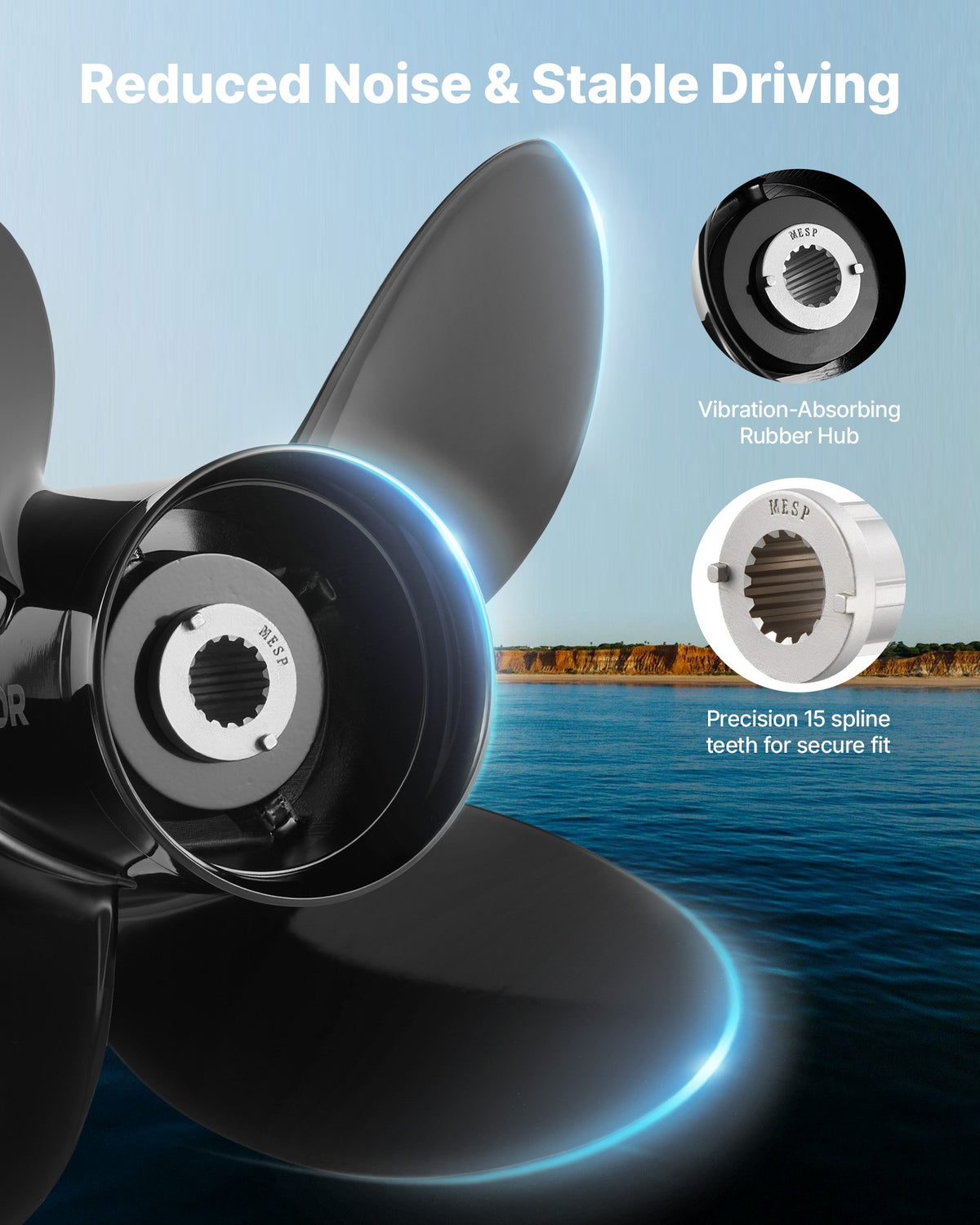 VEVOR Outboard Propeller, Upgrade OEM 15 Spline Tooth Aluminum Outboard Boat Propeller Fit Mercury/Mariner Engines 135-300 HP, 4-3/4" Gearcase, 4-Blade, RH (Right Hand Rotation), OEM No. 48-8M0084495 - CLXJSXSS1353CYEZ9001V0 - view 7