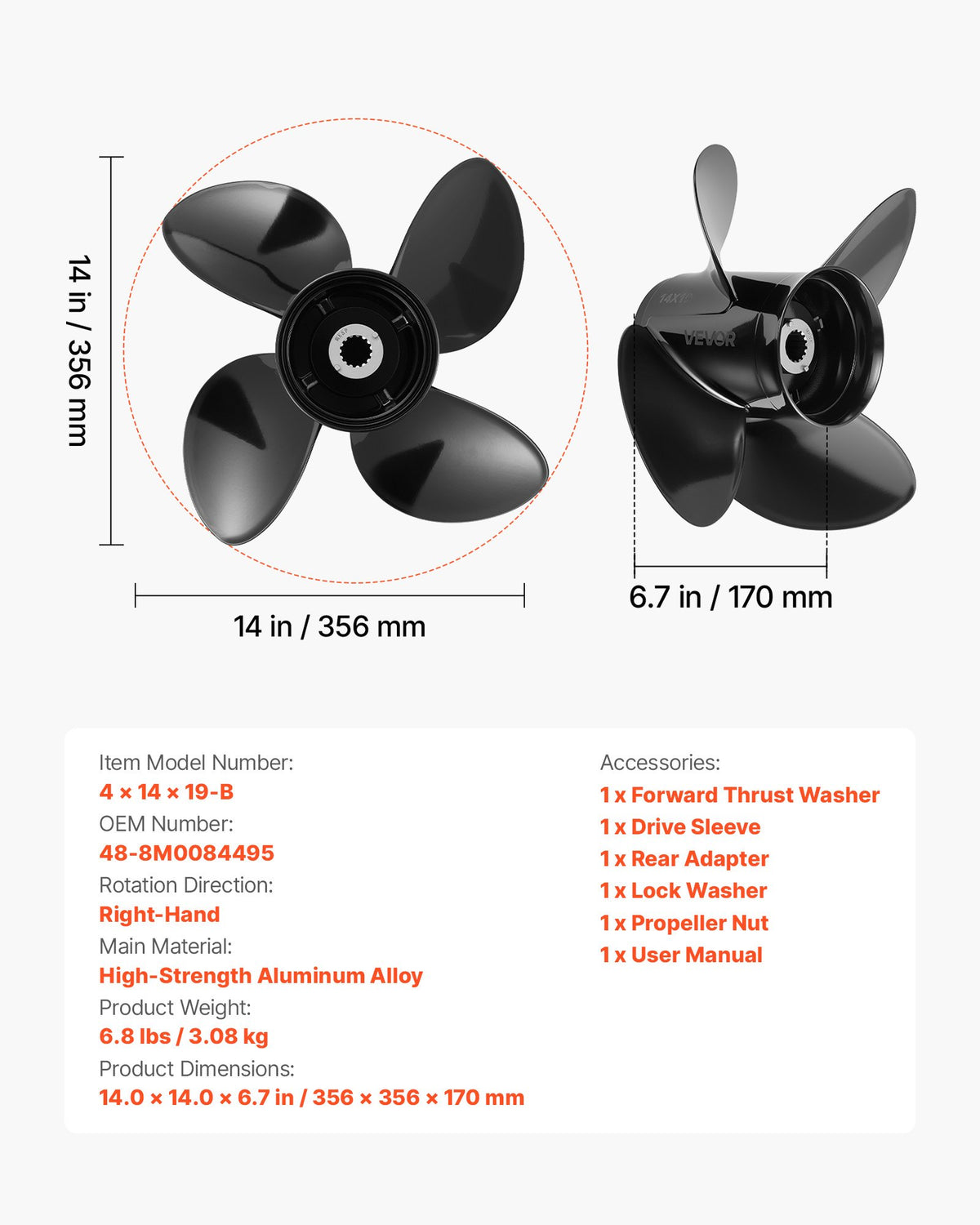 VEVOR Outboard Propeller, Upgrade OEM 15 Spline Tooth Aluminum Outboard Boat Propeller Fit Mercury/Mariner Engines 135-300 HP, 4-3/4" Gearcase, 4-Blade, RH (Right Hand Rotation), OEM No. 48-8M0084495 - CLXJSXSS1353CYEZ9001V0 - view 8