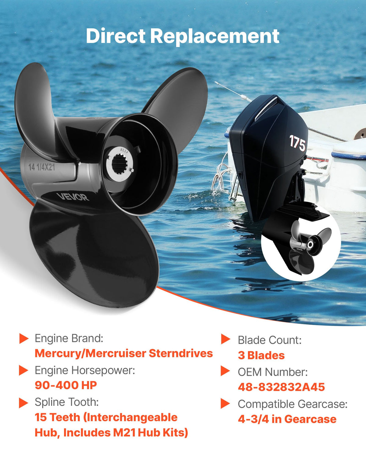 VEVOR Outboard Propeller, Upgrade OEM 15 Spline Tooth Aluminum Outboard Boat Propeller Fit Mercury/Mariner Engines 90-400 HP, 4-3/4" Gearcase, 3-Blade, RH (Right Hand Rotation), OEM No. 48-832832A45 - CLXJSXSS9040ZZQC5001V0 - view 3
